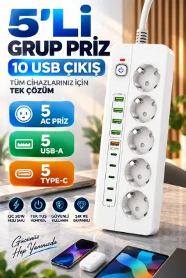 MATECHNO Isıya Dayanıklı Power Tuşlu 5'li Grup Priz 5xusb 5x Type-c Çıkışlı Priz 2 Mt Kablolu
