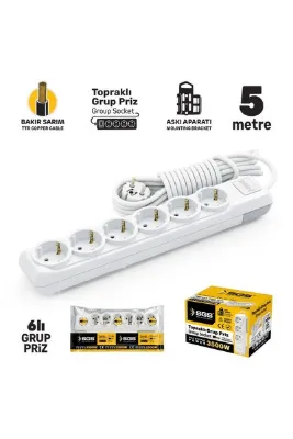 SGS SGS3493 Grup Priz Topraklı Altılı 5 Metre, Uzatma Kablosu, Üçyol