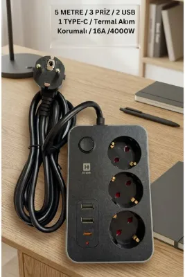 ZEYar Teknoloji Hi-Link Termal Akım Korumalı Uzatma Kablosu 3 Priz 2 USB 1 Type-C 5 Metre 16A 4000W