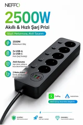 NEFFO 2500W Akıllı Şarj Prizi 5’li Çoklu Priz 2 USB-A + 2 USB-C 2 Metre Kablo Aşırı Akım Korumalı
