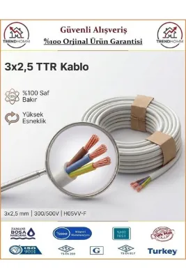 ÖZNUR 3x2,5 TTR Elektrik Kablosu - Beyaz - %100 Bakır - 8 Metre