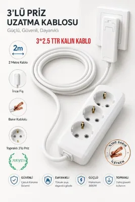 Aryes 3’lü 2 Metre Uzatma Prizi 3x2,5 mm² TTR Kalın Bakır Kablolu İnce Fişli Topraklı – 3680w