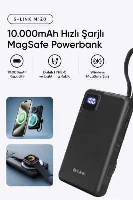 S-LINK M120 10000mAh PD20W + QC3.0 18W 15W Magsafe + Watch Siyah LCD Taşınabilir Powerbank