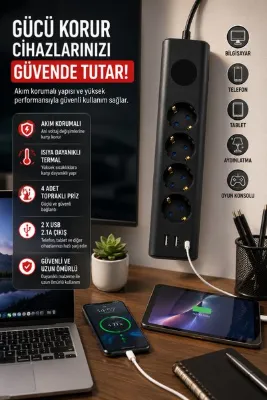 asua 4'lü Akım Korumalı Topraklı Çoklu Priz 2500W 10A 2 USB + 1 Type-C Isıya Dayanıklı Termal Korumalı Anahtarlı Grup Priz Uzatma Kablosu