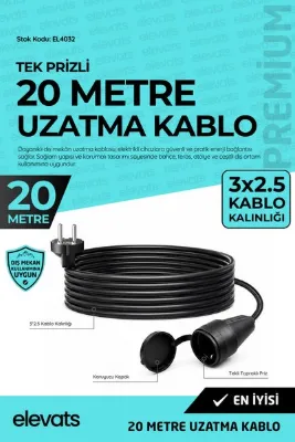 Elevats Premium Profesyonel 20 Mt. Dış Mekan Uzatma Kablosu | Tek Prizli | Kapaklı Tasarım | Suya Dayanıklı | EL4032