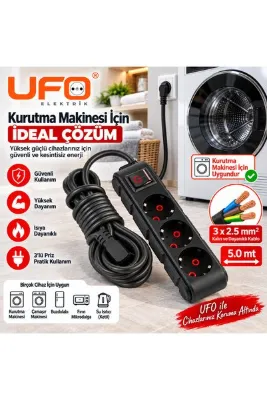 UFO Yüksek Güçlü Cihazlar İçin Uzatma Kablosu 3x2,5 mm² – Kurutma Makinesi Çamaşır Makinesi Bulaşık Makinesi ısıtıcı için Topraklı Anahtarlı Priz 5 Metre (Siyah)