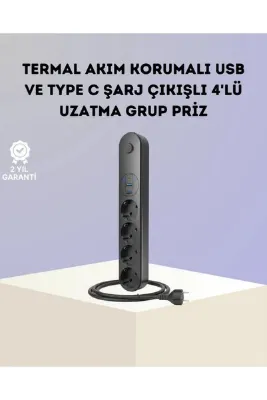 shopwave Akım Korumalı Çoklu Priz 4’lü 2 USB 1 Type-C 2500W Güçlü Tasarım