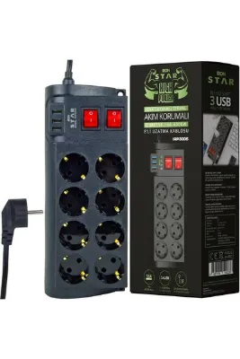 IRONSTAR 2 METRE KABLOLU 3xUSB GİRİŞ AKIM KORUMALI PRİZ 8 SOKETLİ HER 4’LÜ SOKET İÇİN POWER AÇMA-KAPAMA TUŞLU