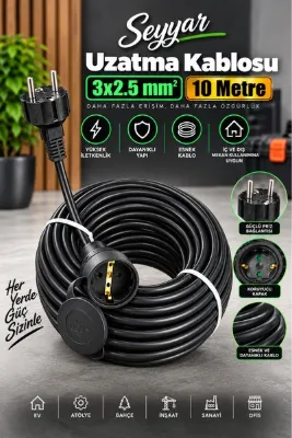Badem10 Siyah 10 Metre 3x2.5 mm² CCA Topraklı Prizli Ev Bahçe Atölye Ofis Elektrik Seyyar Uzatma Kablosu