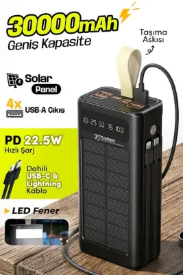7GO GPW-09 30000mAh Güneş Enerjili Powerbank | PD 22.5W Hızlı Şarj | Dahili Type-C & Lightning Kablo