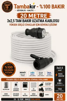 20 Metre - 3x2,5 mm %100 Tam Bakır Uzatma Kablosu | Tekli Kauçuk Fiş | IP 44-IP 54 | Elektrikli Çim Biçme Makinesi - Bahçe Pompaları - Elektrikli Testere ve Makineler