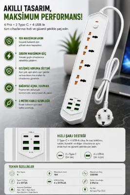 SMAYLİNG 4’lü Akım Korumalı Evrensel Priz 3000W 10A, 2 Type-C + 4 USB-A, 2 Metre Kablolu Çoklu Priz
