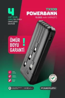POWERWAY Orjinal 10.000 mAh Kendinden Kablolu ve Telefon Standlı Şarj Göstergeli Siyah Taşınabilir Powerbank