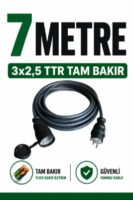 Aryes 7 Metre 3x2,5 TTR Tam Bakır Uzatma Kablosu Kauçuk Fişli 16A Güçlü Dayanıklı