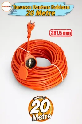 Badem10 Seyyar Uzatma Kablosu 20 Mt 3x1.5 mm Turuncu Renk CCA Elektrik Kablo Dayanıklı Prizli Kablo