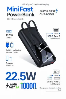 MO DOU 22.5W Mini Powerbank 10000mAh Dahili Lightning & Type-C Hızlı Şarj, Dijital Göstergeli