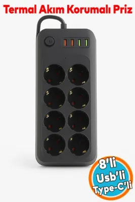 NZB Akım Korumalı Topraklı Golyat Grup Şarj Fiş Priz 8 Prizli 4 USB Girişli 2 Metre Uzatma Kablosu