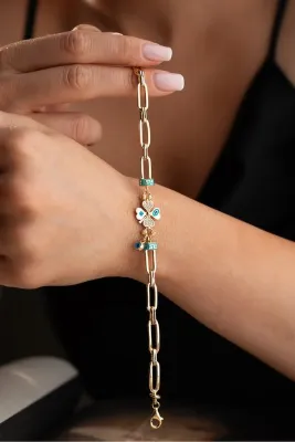 Silvano Jewelry 925 Ayar Gümüş Mineli Zirkon Taşlı Yonca Gözlü Zincir Bileklik