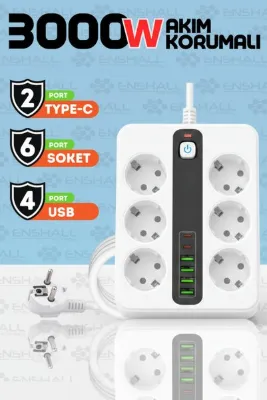 Enshall PRO P11 6X Priz 3000W Termal Akım Korumalı 4X USB 2X Type-c Girişli Çoklu Priz
