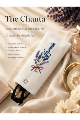 the chanta Lavanta Nakışlı Kişiye Özel İsimli Gözlük Kılıfı