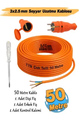 Badem10 Ekonomik TTR CCA Telli 3x2.5 mm Seyyar 50 Metre Uzatma Kablosu Kontrol Kalem Dişi Erkek Fiş