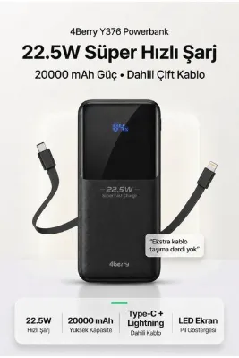 4 Berry YM832 20000mAh 22.5W Süper Hızlı Şarj Type-C ve Lightning Kablolu Powerbank