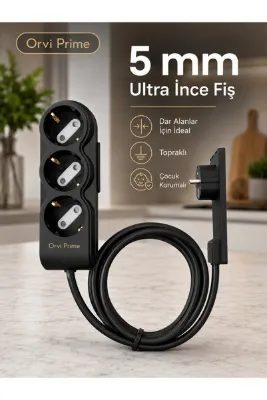 ORVİ prime 3’lü Ultra İnce Fişli Uzatma Kablosu 1,5 m | 5 mm İnce Fiş | Topraklı | Çocuk