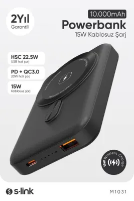 S-LINK M1031 10000mAh Magsafe 15W HSC22.5W+PD20W+QC3.0 Siyah LCD Taşınabilir Şarj Cihazı Powerbank