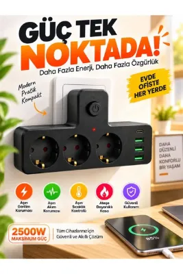 MATECHNO 3'lü Termal Akım Korumalı Priz 3xUSB 1xType-C 20W PD Giriş