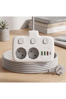 Zoku 3'lü Akım Korumalı Uzatma Kablosu 2 Metre | 2 Priz + 3 USB + Type-C Hızlı Şarj | Ayrı Açma Kapama Anahtarlı Çoklu Priz