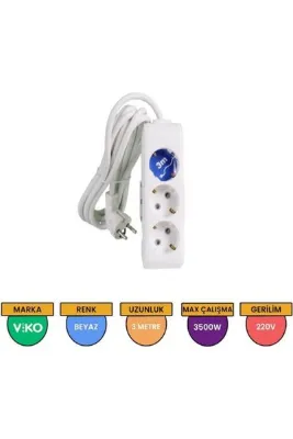 Viko 3 Metre Kablolu Topraklı Çocuk Korumalı Üçlü Priz