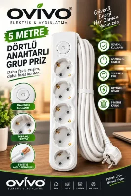 OVİVO 4'lü Anahtarlı 5 Metre Grup Priz - 5M - Anahtarlı