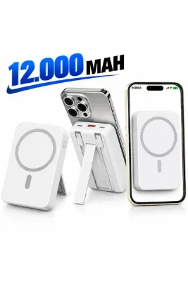 BRAVİON 12.000 mAh Manyetik Powerbank 15W Kablosuz Hızlı Şarj, 22.5W Hızlı Şarj, Dahili Kablolu ve Standlı Taşınabilir Şarj Cihazı