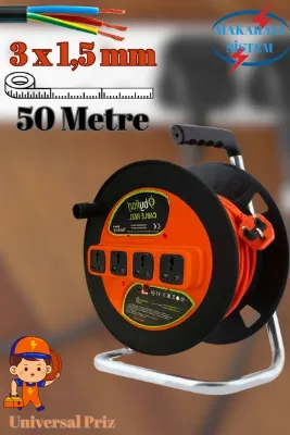 Makaralı Seyyar Kablo Universal 4 Prizli Uzatma Kablosu 3x1.5 Mm Cca Kablo 50 Metre