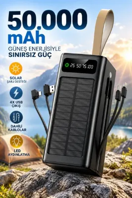MATECHNO Solar 50.000 Mah Güneş Enerjili Led Işıklı Powerbank Şarj Aleti 4xUsb Çıkış Çoklu Şarj Çıkışı Kablo