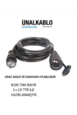 ünal kablo Kablo 30 Metre 3x2.5 Tam Bakır (ARAC SARJİ VE KARAVAN UYUMLU) Uzatma Seyyar Kablo