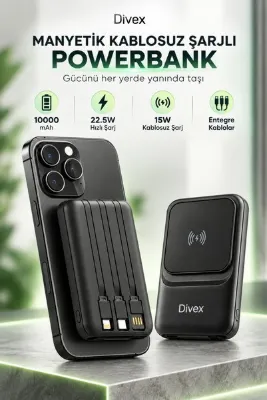 Divex 10000 mAh 22.5W Hızlı Şarj Powerbank – 15W Wireless Kablosuz Şarj, Manyetik, Entegre Kablolu