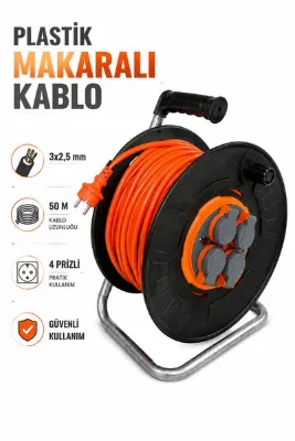 Badem10 Plastik Makaralı Kablo 3x2,5 mm 50 Metre Turuncu IP44 Korumalı 4 Prizli Seyyar Uzatma Kablo Makarası