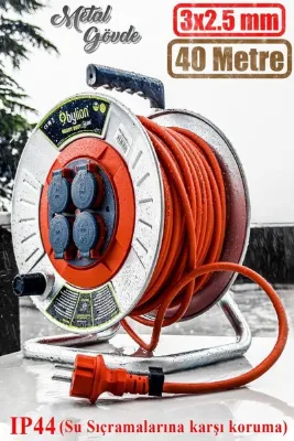Makaralı Seyyar Kablo Kapaklı 4 Prizli Metal Uzatma Kablosu 3x2.5 Mm Cca Kablo 40 Metre