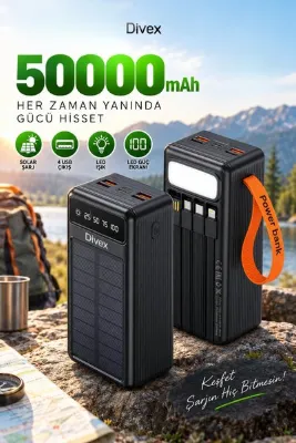 Divex 50.000 mAh Solar Powerbank – Dahili 4 Kablolu, LED Fenerli, Dijital Göstergeli, 4 USB Çıkışlı Taşınabilir Şarj Cihazı