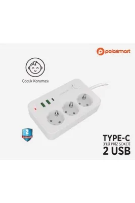 Polosmart MP15, Akım Korumalı Uzatma Kablosu, 3'lü Priz, 2 Metre Kablo, 2 USB+1 TYPE-C