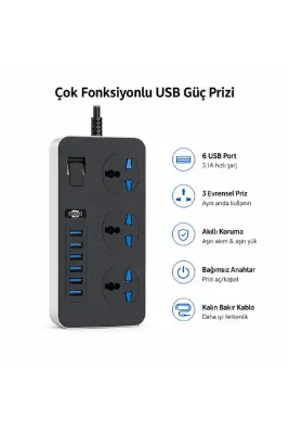 Lisa Butik Akım Korumalı 6 Usb'li 3'lü Grup Priz Uzatma Kablosu T09 Akım Priz