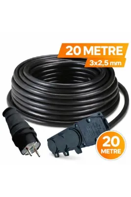 inwatt 20 Metre Siyah Seyyar Uzatma Kablosu CCA 3x2,5 mm Topraklı – Fişli 3’lü Priz Kauçuk