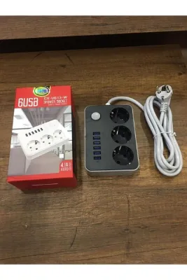 BY A.D.M 6 Usb Çıkışlı 4.1a Auto Usb Port Hızlı Şarjlı Akım Koruyuculu 3 Priz