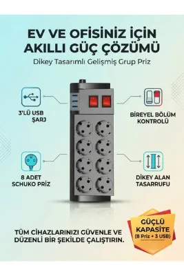MATECHNO 2 Metre 8’li Grup Priz 3 USB Portlu, Termal ve Aşırı Akım Koruması, Ev Ofis Çoklu Uzatma Kablosu