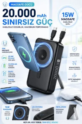 MATECHNO 20.000 mAh Standlı Powerbank Dahili Type-C & Lightning Kablolu, 15W Kablosuz Magsafe Şarj Cihazı
