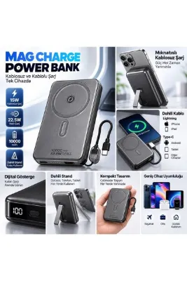 Nomker Samsung Galaxy S25 Ultra Uyumlu Manyetik Kablosuz Powerbank Standlı, Dijital Göstergeli Taşınabilir Hızlı Şarj Cihazı