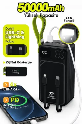 7GO GPW-13 50000 mAh 22,5W Hızlı Şarj Powerbank, Dahili Type-C ve Lightning Kablolu, Dijital Ekranlı