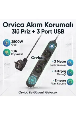 ORVİCA 3+3 Usb Port Akım Korumalı 3'lü Grup Priz Ve 3'lü Usb Şarj Aleti 2500 Watt