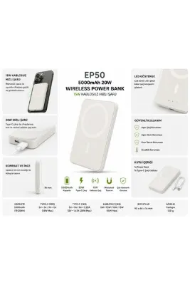 EP50 5000 mAh 20W Powerbank 15W Kablosuz Hızlı Şarj Mıknatıslı